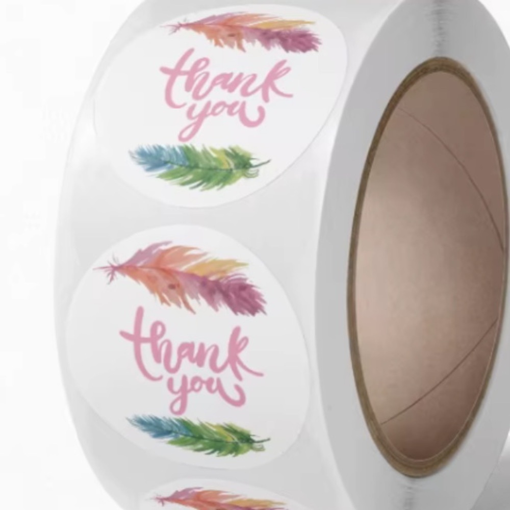 Thank You Sticker Labels 500 labels on roll. 1 inch round, NWT colorful feathers